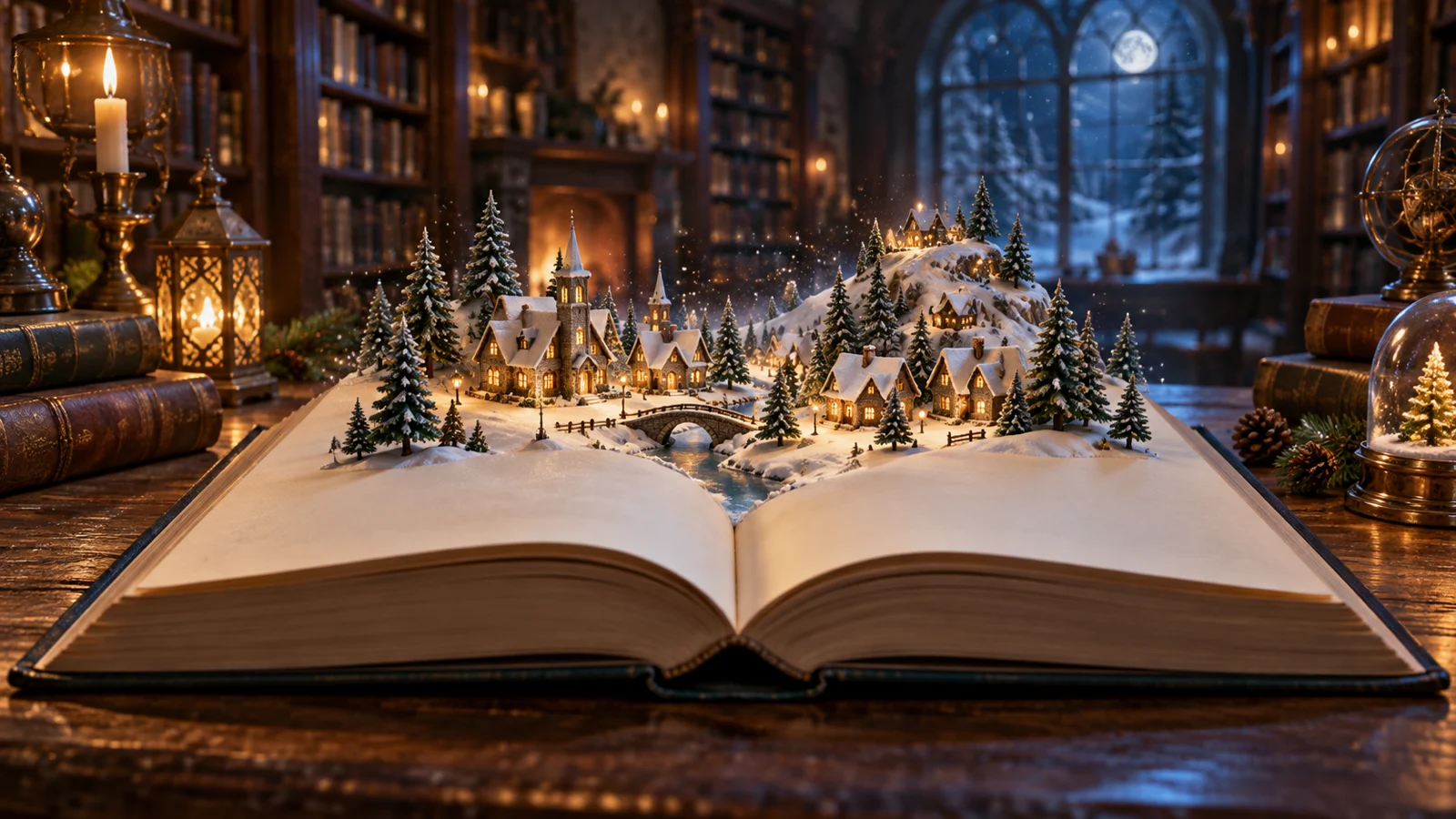 A miniature snowy village rises from the blank pages of an open storybook.