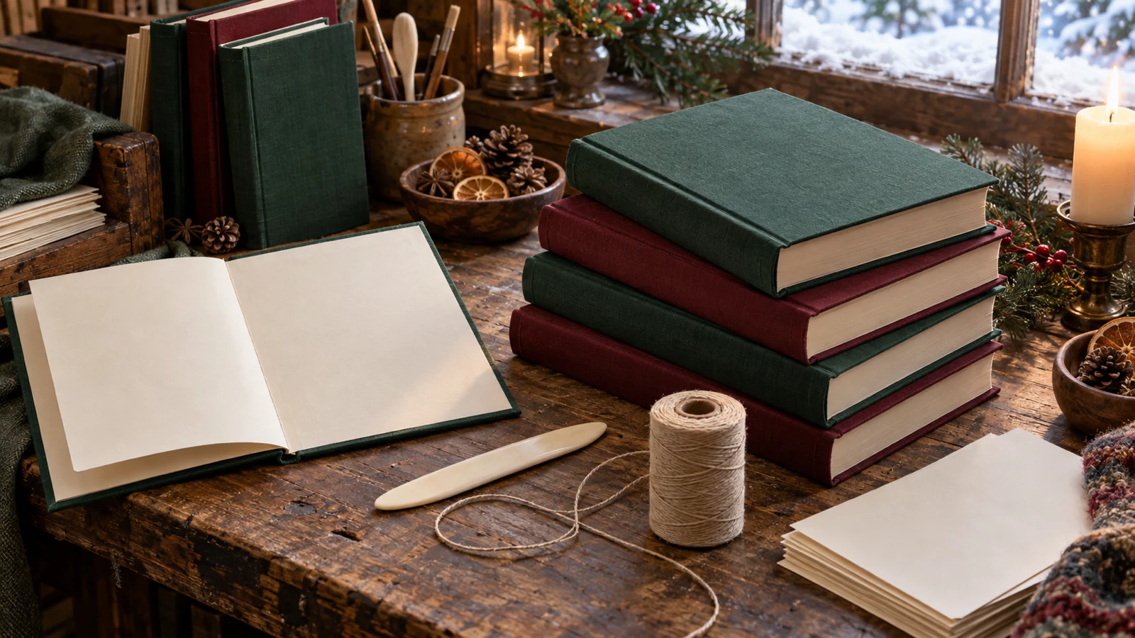 Blank green and burgundy books sit on a festive bookbinder's workbench.