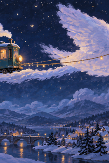 An animated teal tram glides above a winter village behind a cloud bird.