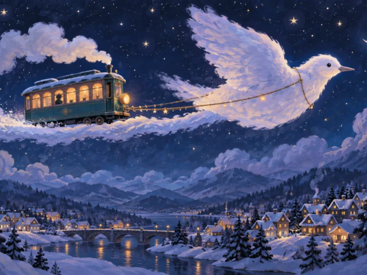 An animated teal tram glides above a winter village behind a cloud bird.