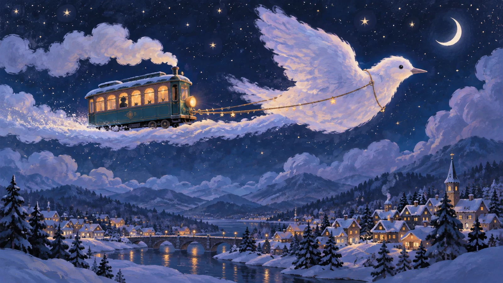 An animated teal tram glides above a winter village behind a cloud bird.