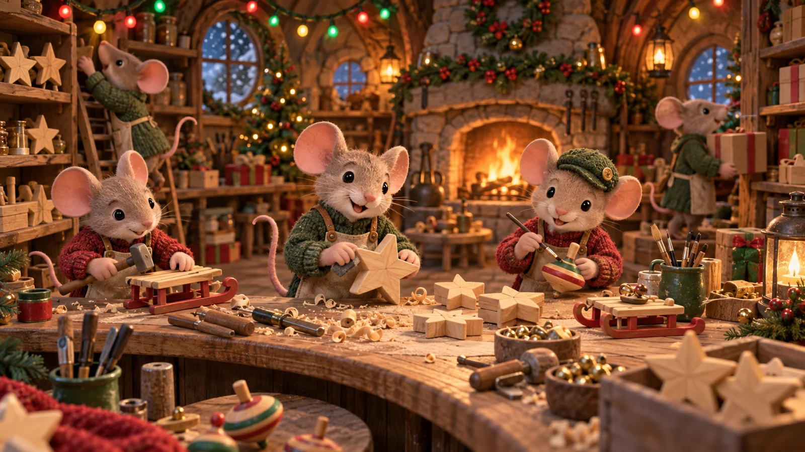 Cheerful animated mice build wooden toys in a glowing workshop.