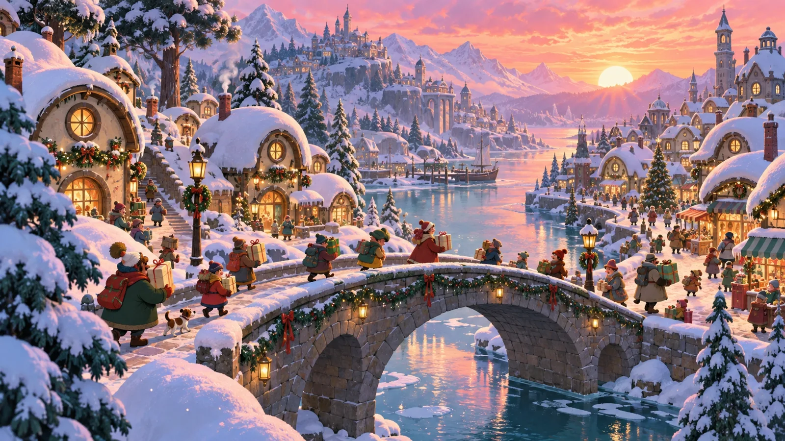 Bundled animated townsfolk carry gifts across a snowy arched bridge.