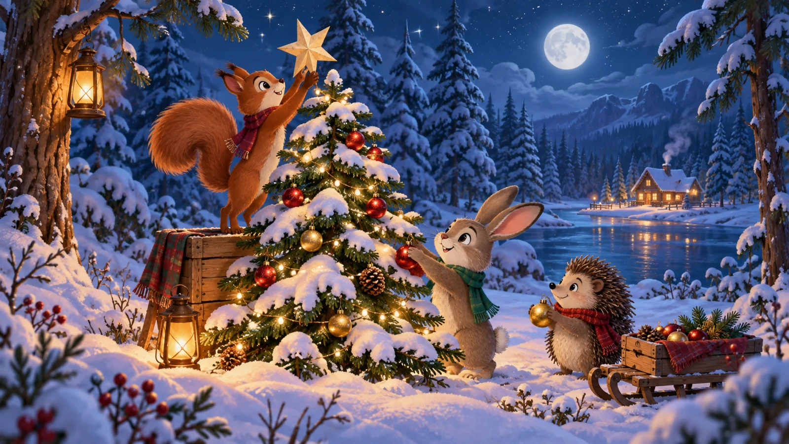Animated woodland animals decorate a snowy Christmas tree by moonlight.