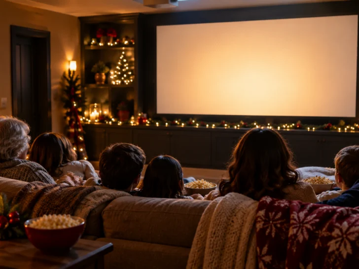 Family watching a blank-screen holiday movie projection