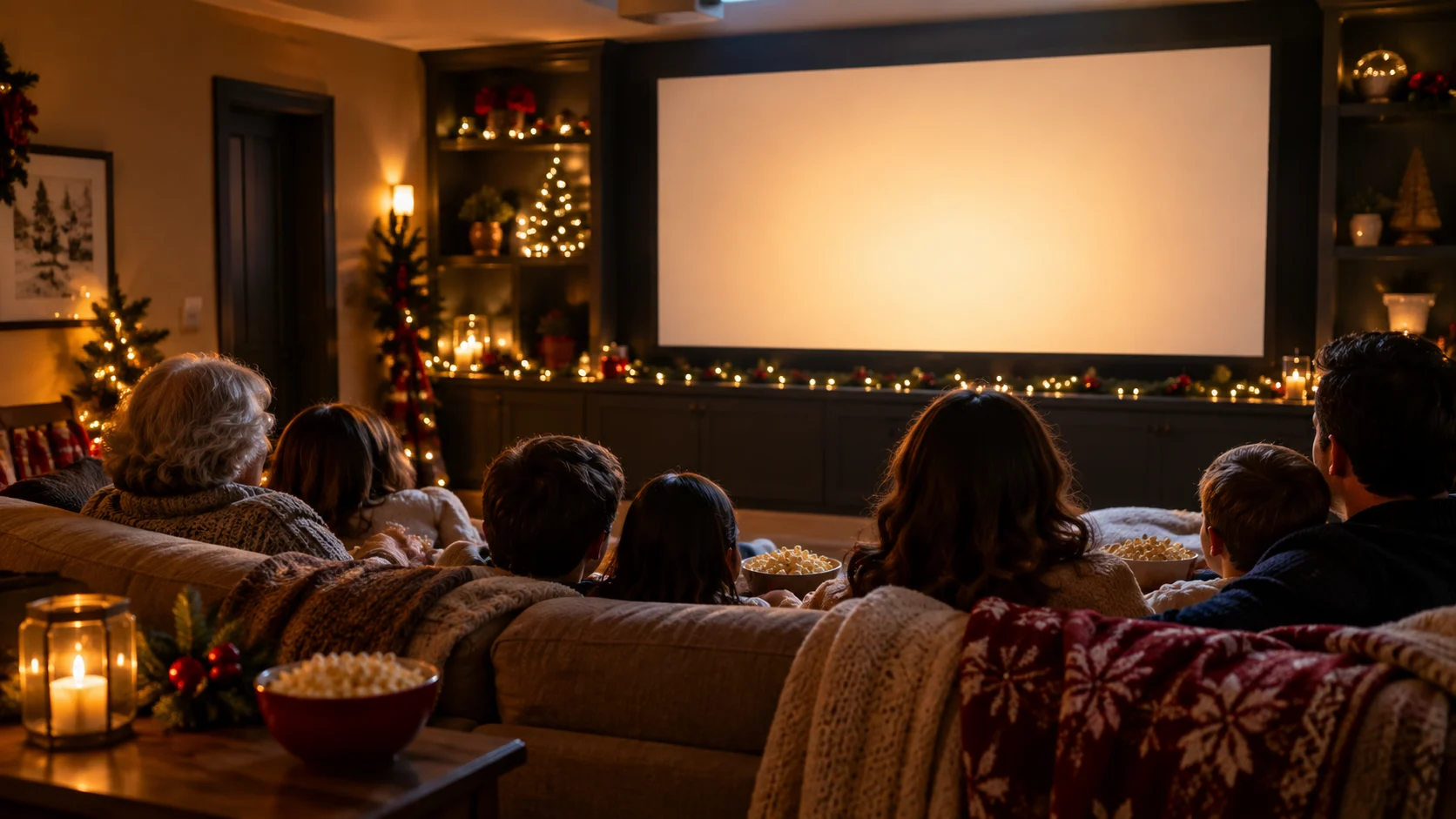 Family watching a blank-screen holiday movie projection