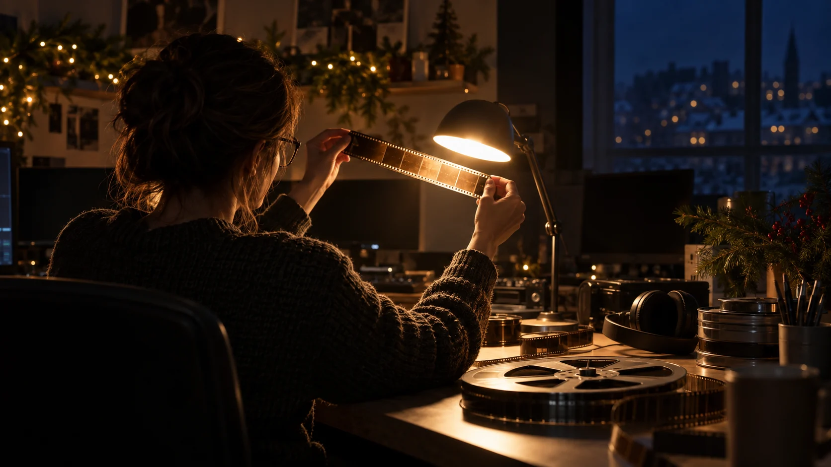 Film editor examining an unmarked strip of movie film