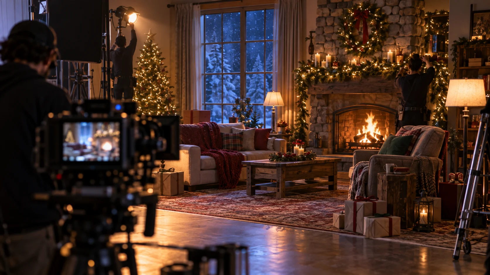 Crew preparing an original Christmas living-room film set