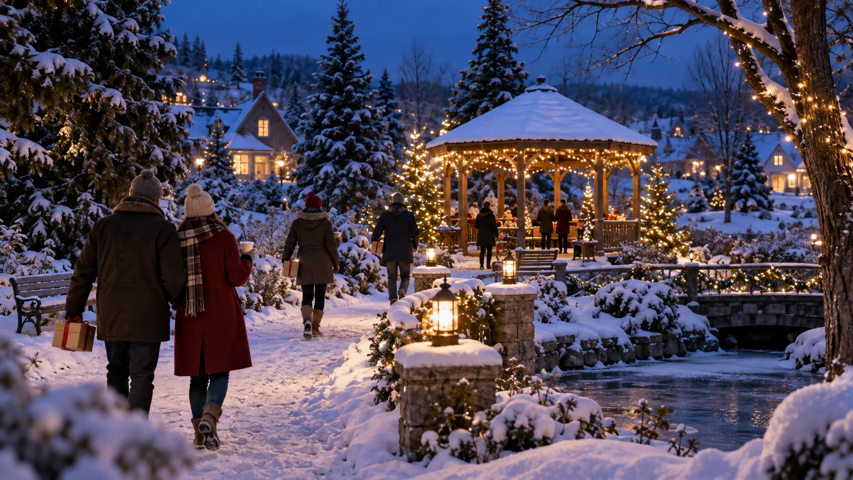 Families walking through a snowy holiday garden at blue hour