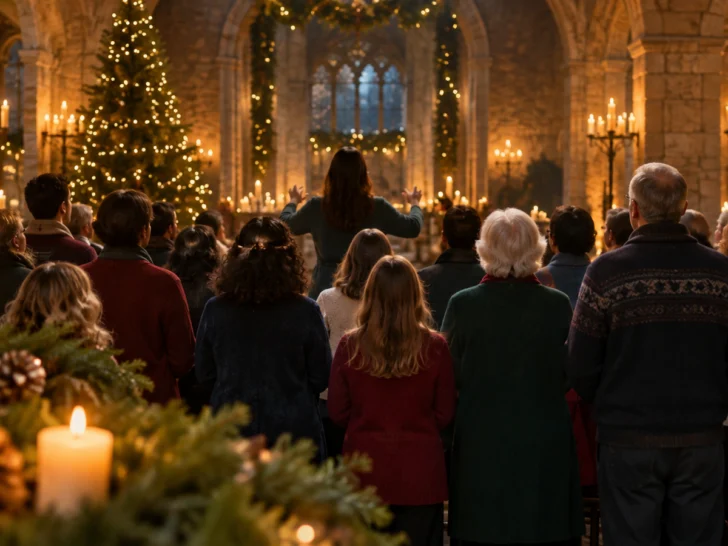 Community choir gathered in a candlelit stone hall decorated with evergreens