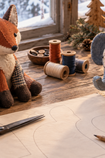 A patchwork fox and elephant sit among sewing tools on a snowy-morning worktable.