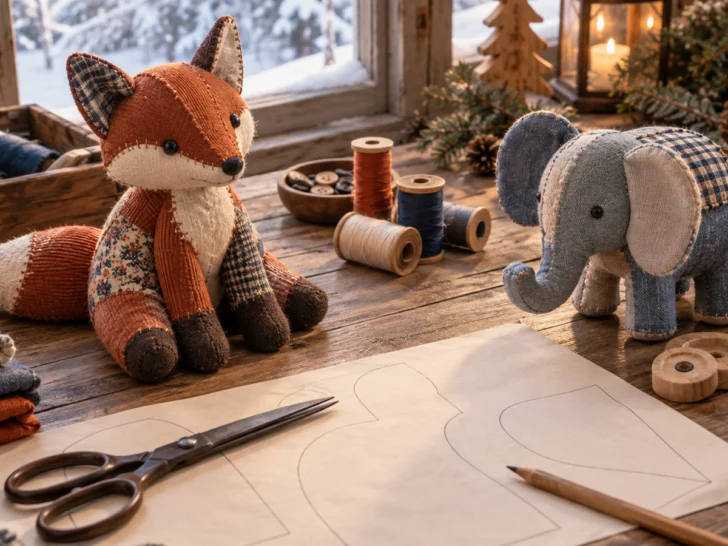 A patchwork fox and elephant sit among sewing tools on a snowy-morning worktable.