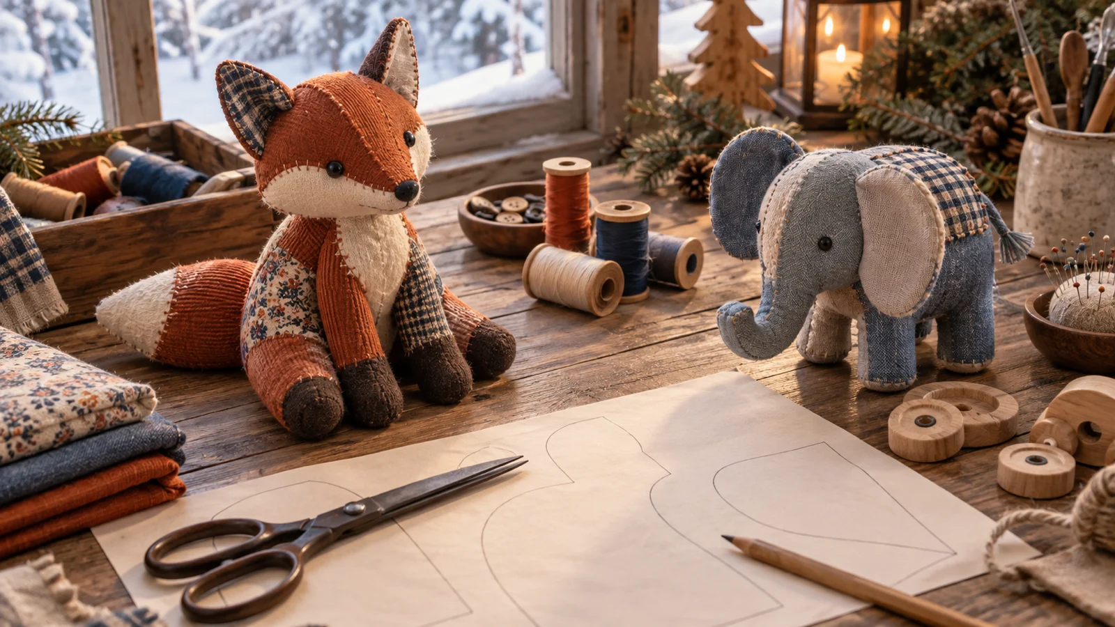 A patchwork fox and elephant sit among sewing tools on a snowy-morning worktable.