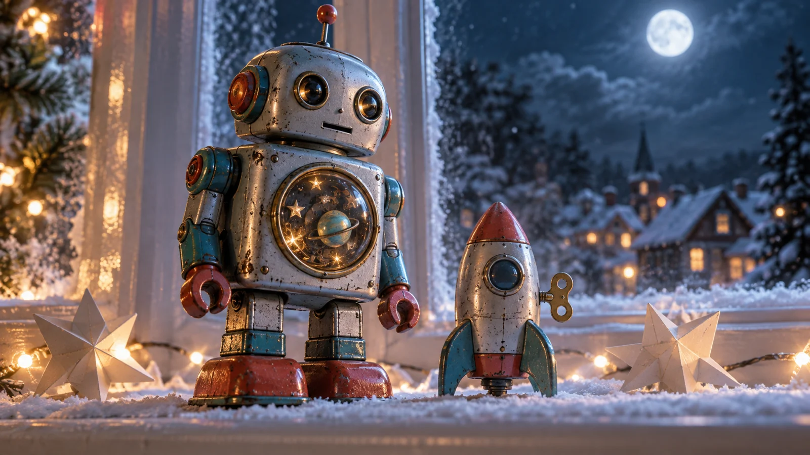 An original retro robot and wind-up rocket stand on a snowy windowsill.
