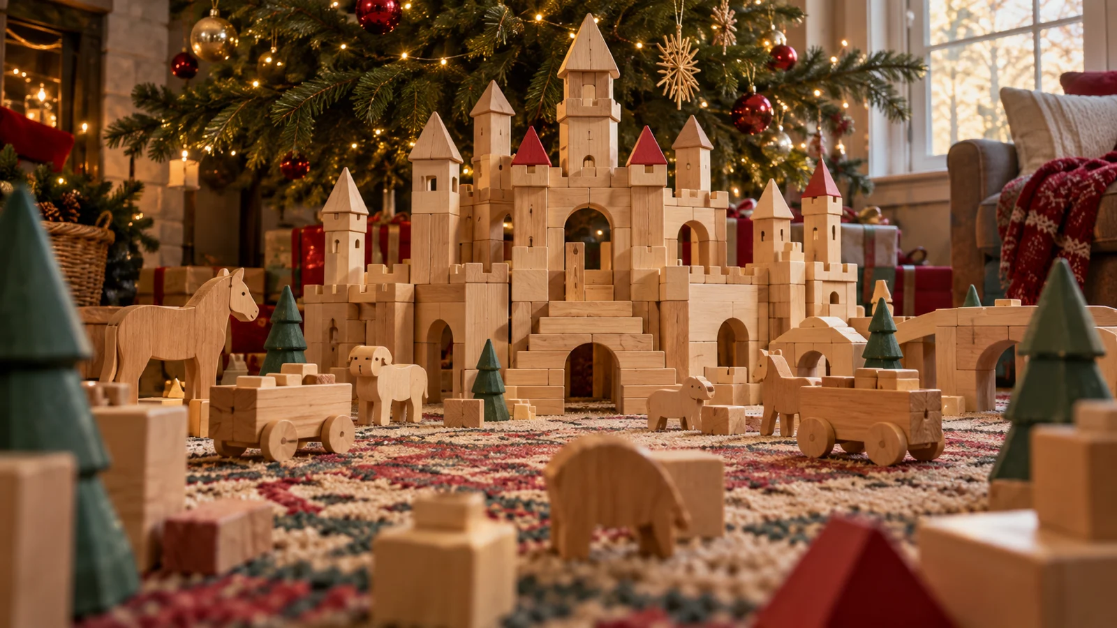 A large castle made from plain wooden blocks fills a festive living-room rug.