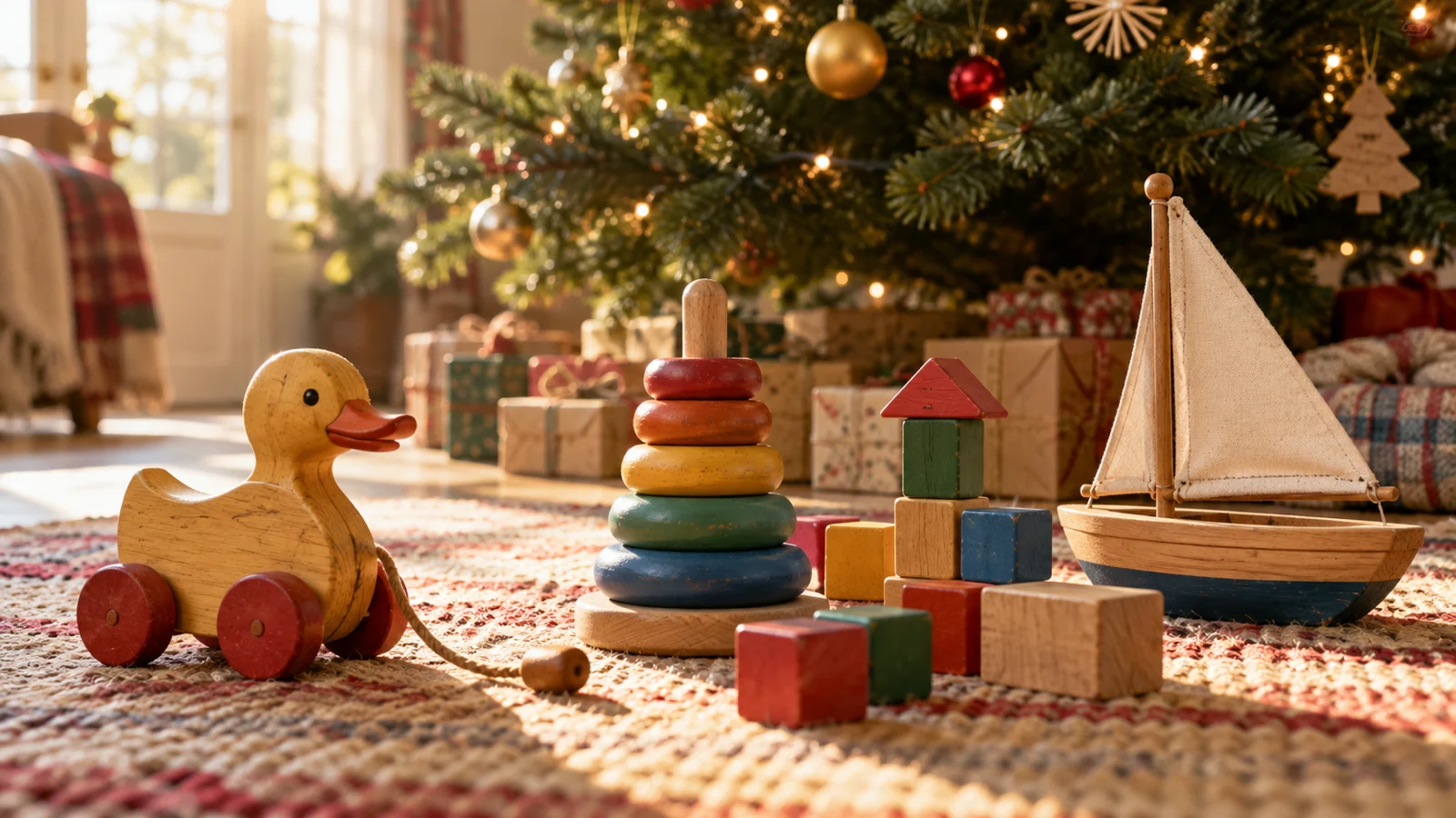 Unbranded wooden toys rest on a rug beneath a Christmas tree.