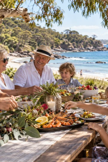 Family enjoying a summer Christmas picnic by the Australian coast