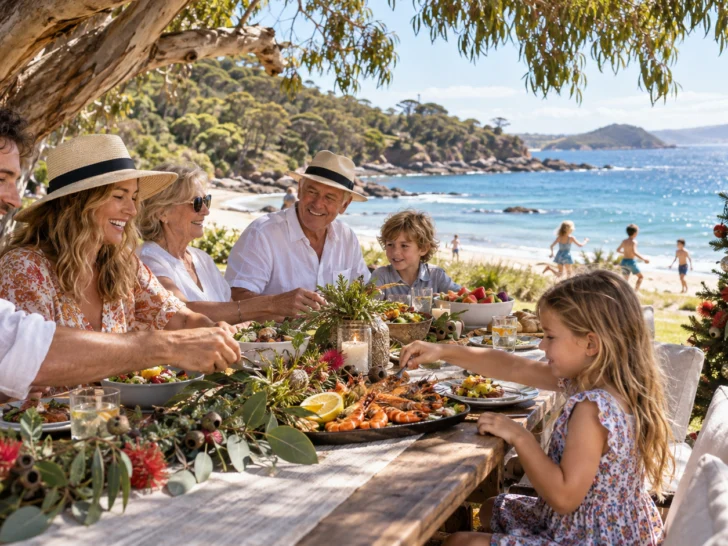 Family enjoying a summer Christmas picnic by the Australian coast