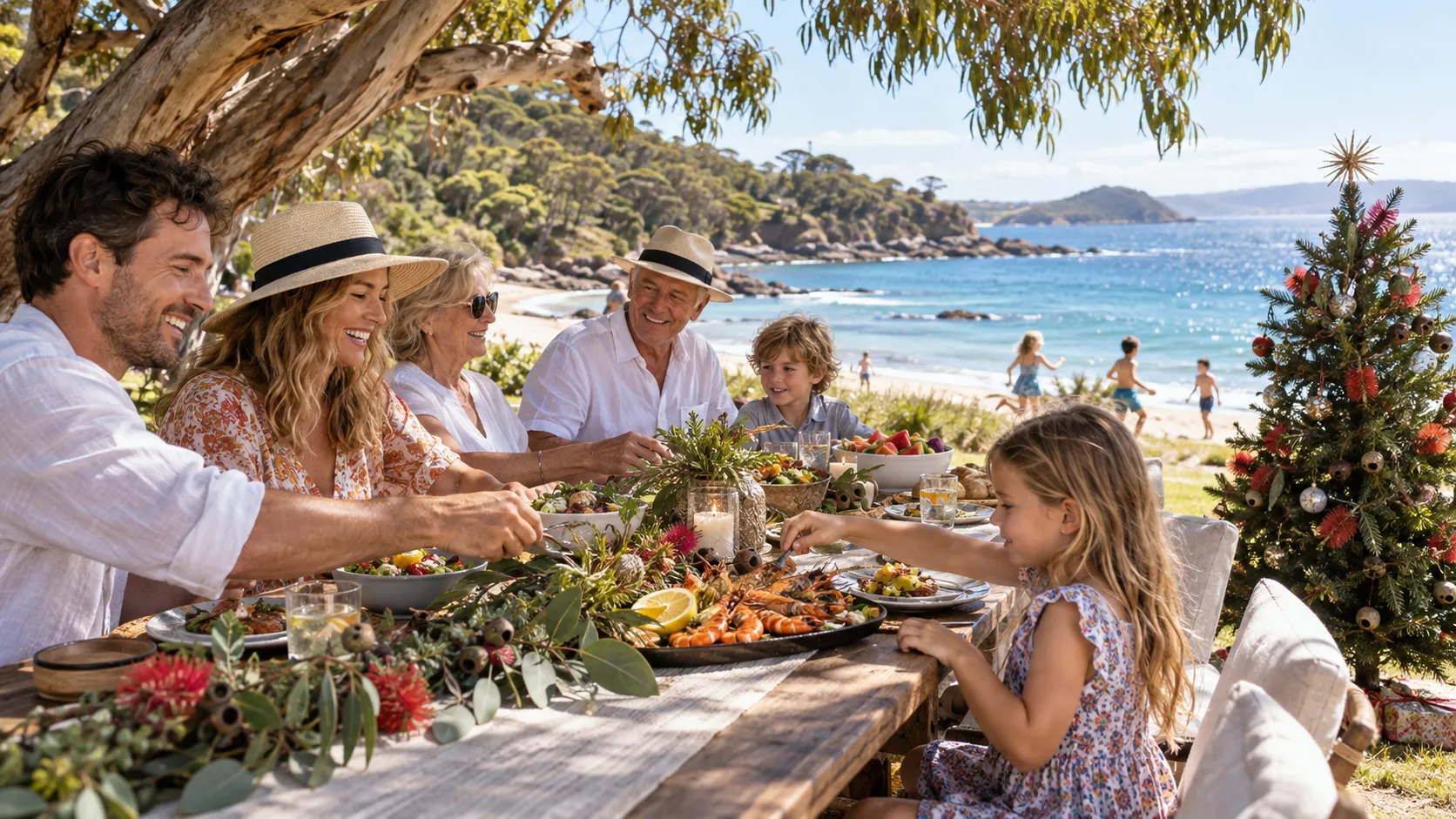 Family enjoying a summer Christmas picnic by the Australian coast