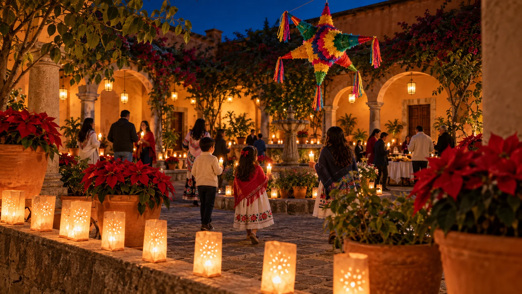 Families carrying candles through a Mexican luminaria courtyard