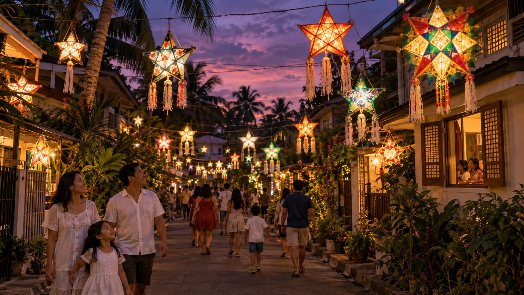 Families walking beneath glowing parol lanterns in the Philippines
