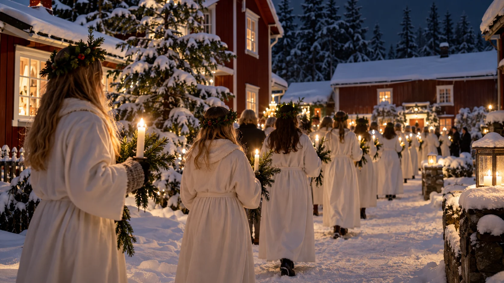 Candle procession crossing a snowy Scandinavian village