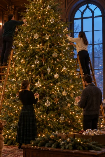 People decorating a towering Christmas tree in a grand library
