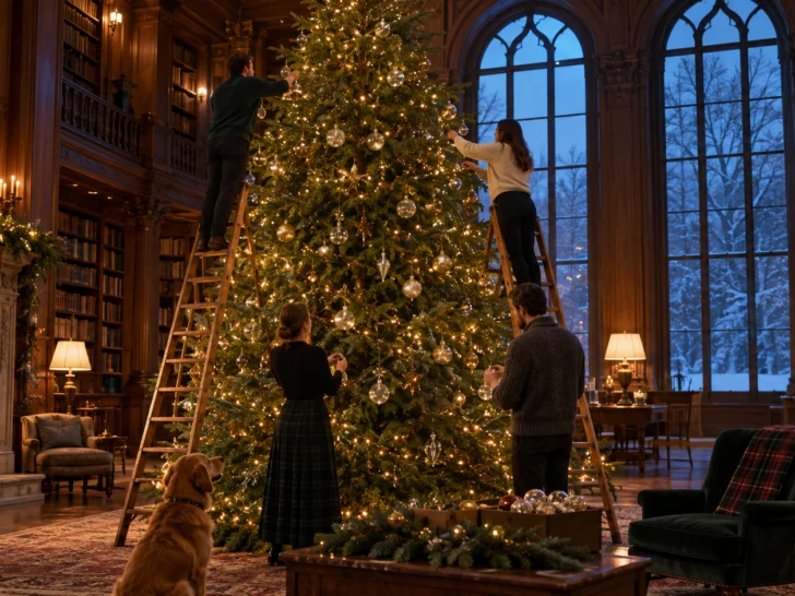People decorating a towering Christmas tree in a grand library