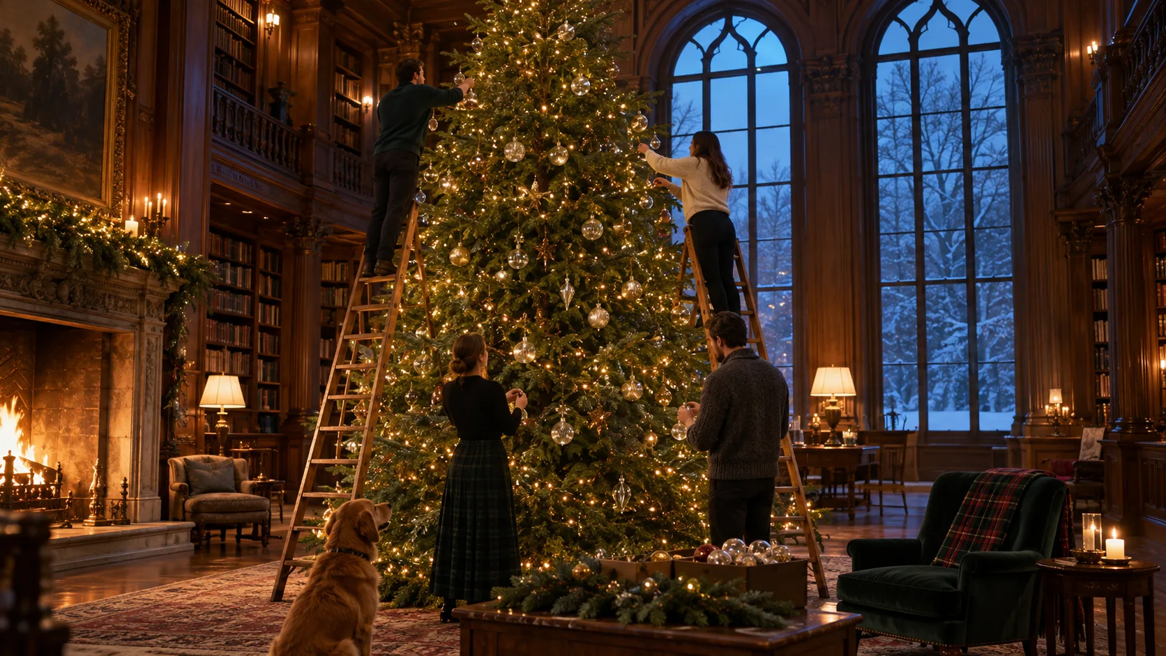 People decorating a towering Christmas tree in a grand library