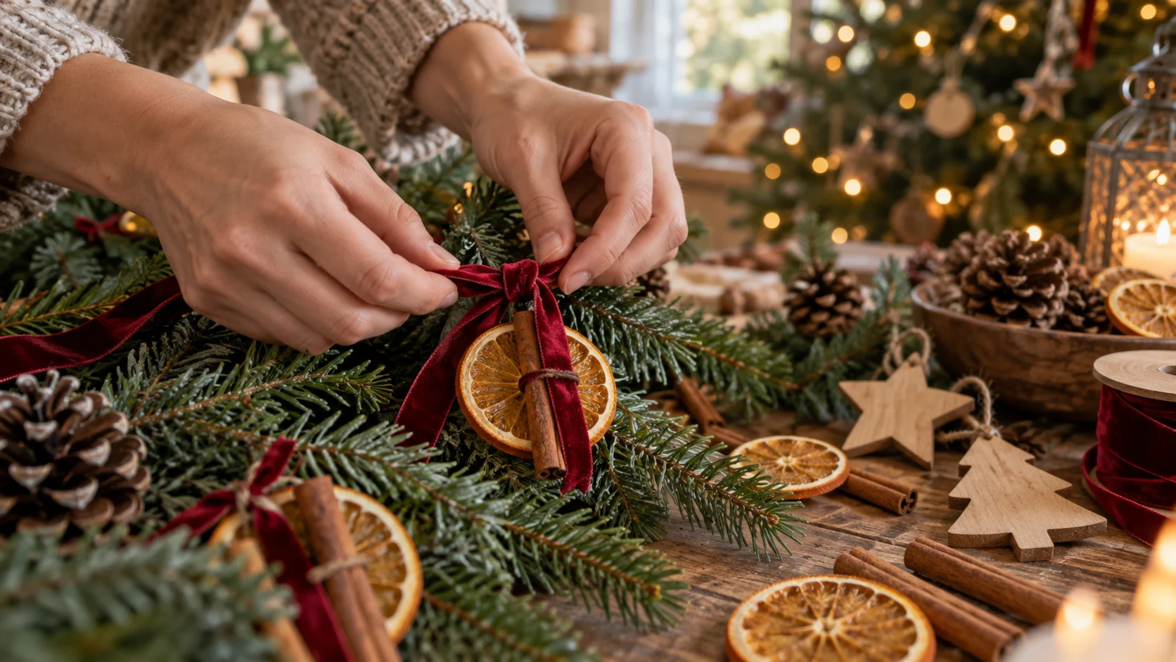 Hands tying dried orange and cinnamon decorations onto evergreen