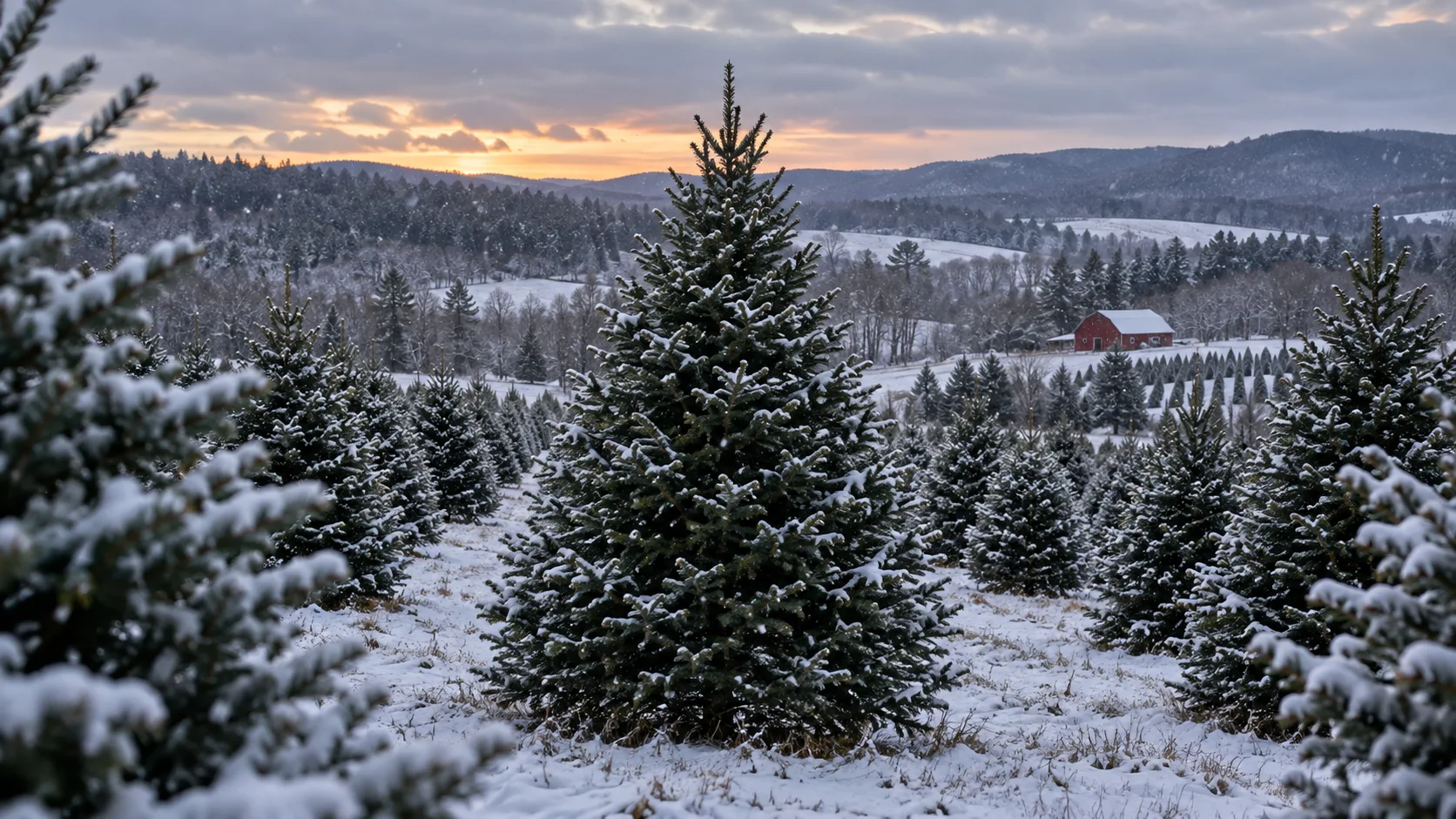 Snow-covered evergreens at a Christmas tree farm at dusk