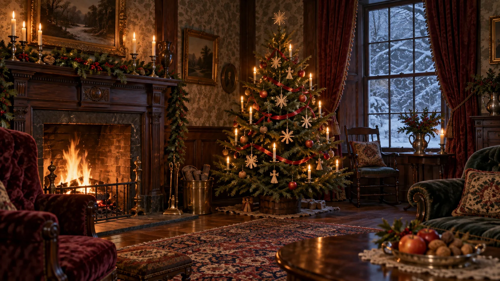 Candlelit Christmas tree in a Victorian-era parlor