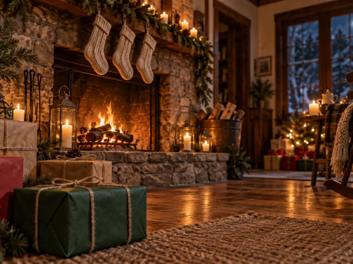 Plain stockings and wrapped gifts surround a warm stone fireplace on Christmas Eve.