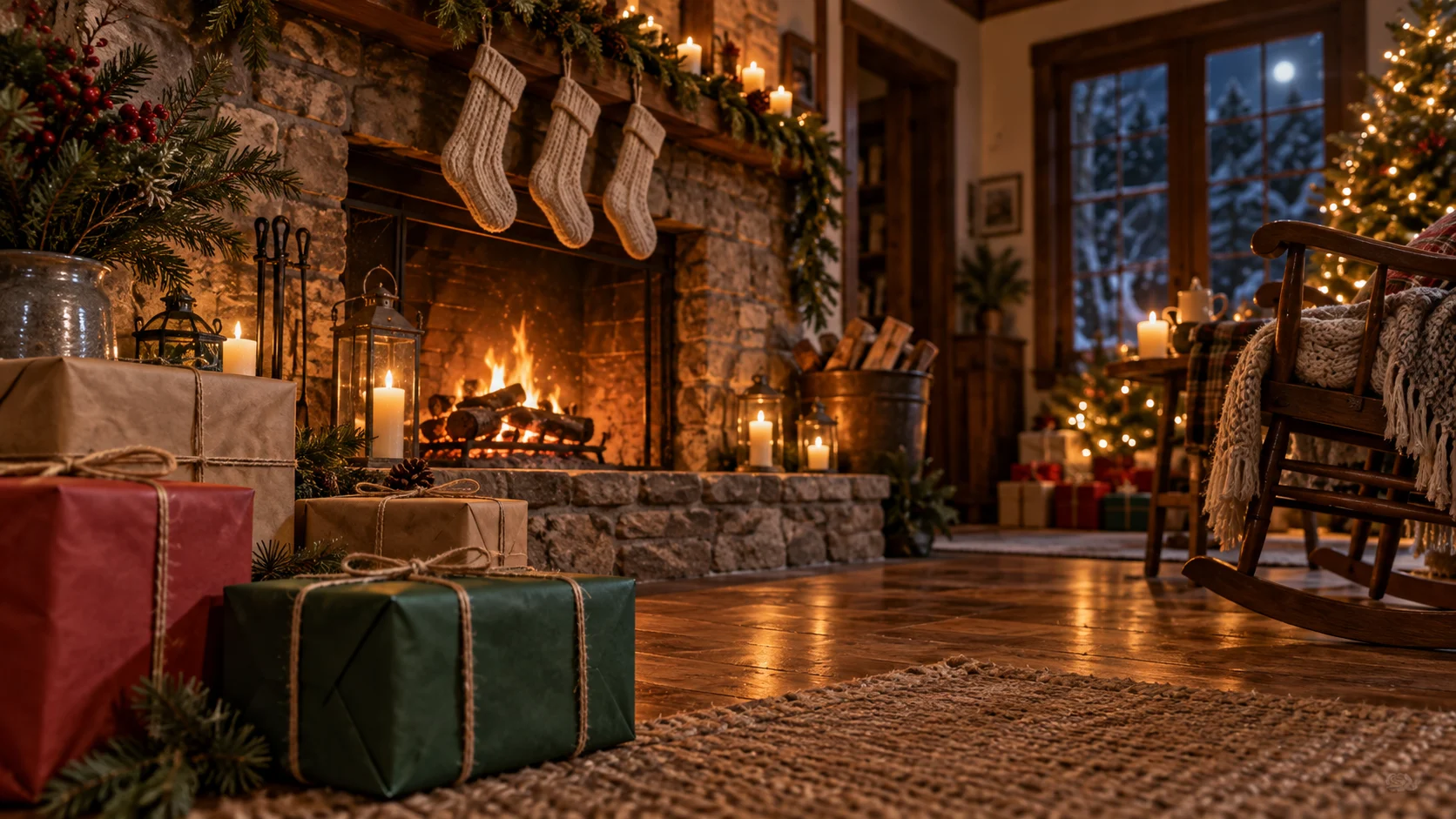 Plain stockings and wrapped gifts surround a warm stone fireplace on Christmas Eve.