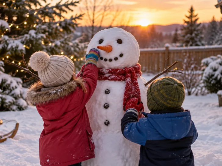 Two children seen from behind building a snowman at sunset