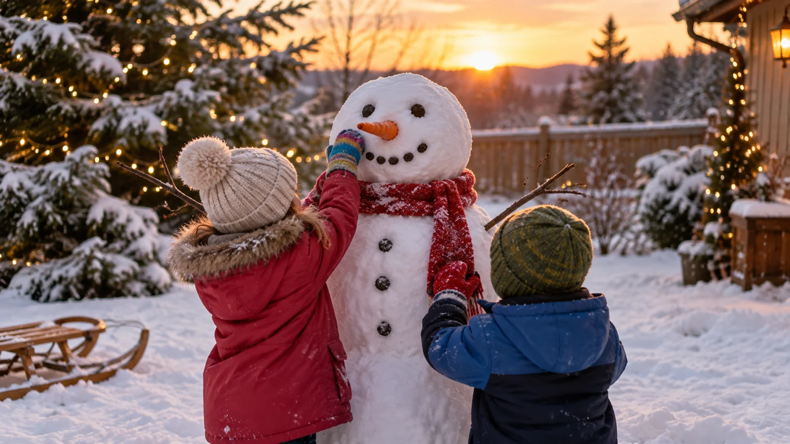 Two children building a snowman at sunset