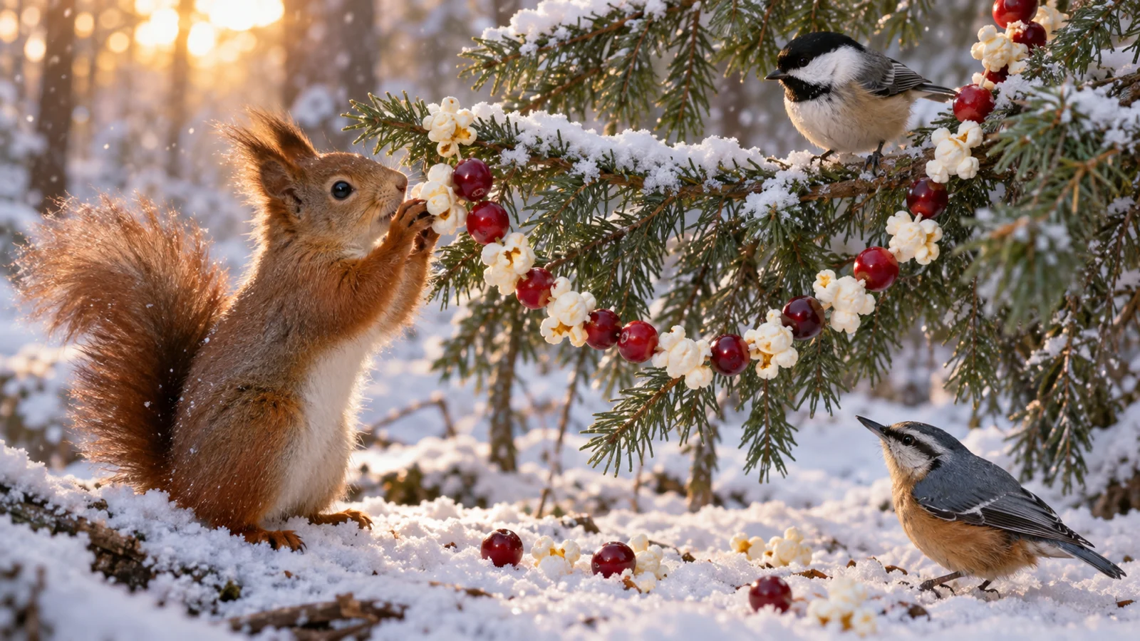 Red squirrel and songbirds exploring a cranberry and popcorn garland in snow