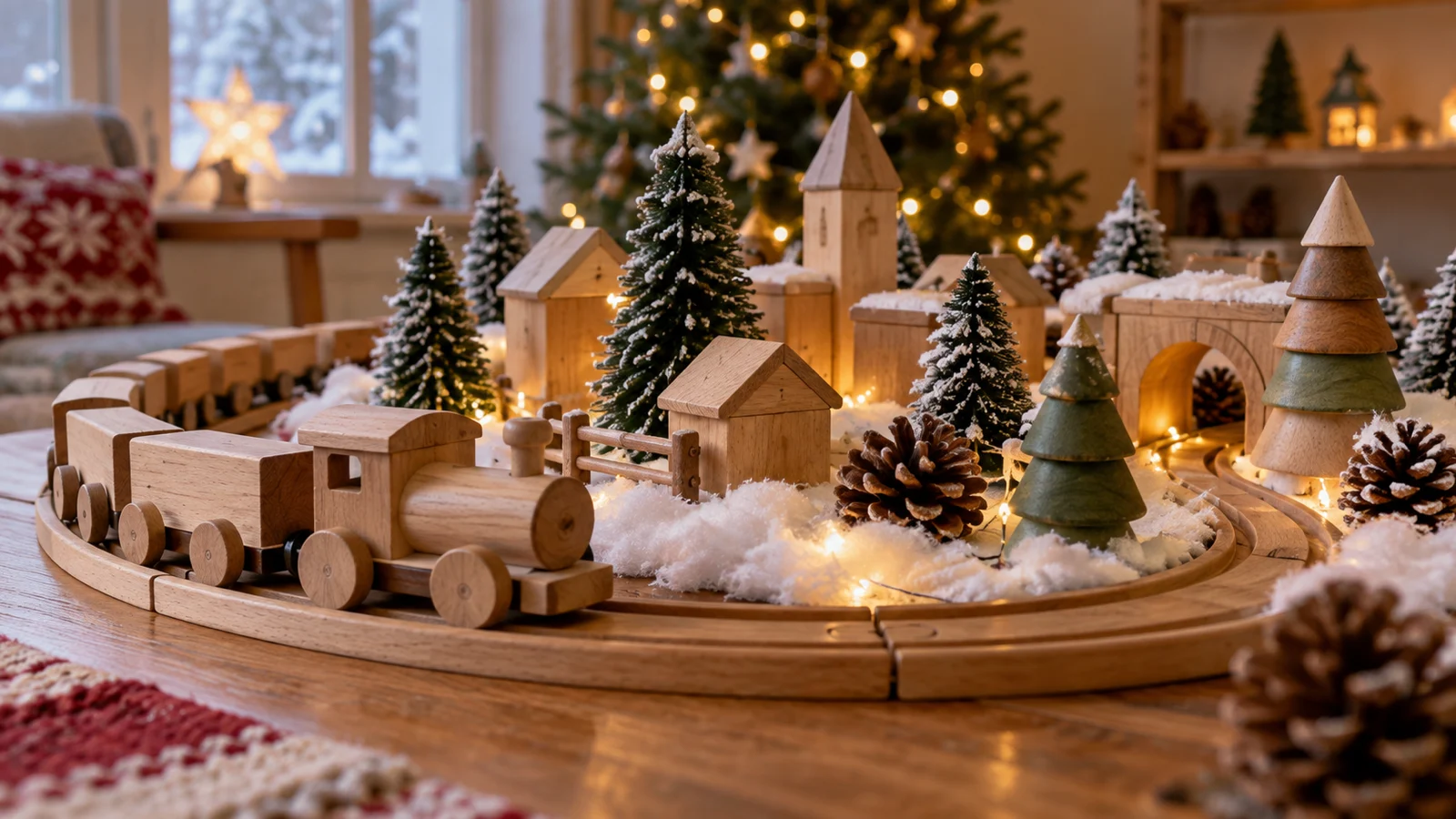 Wooden train circling a handmade winter village