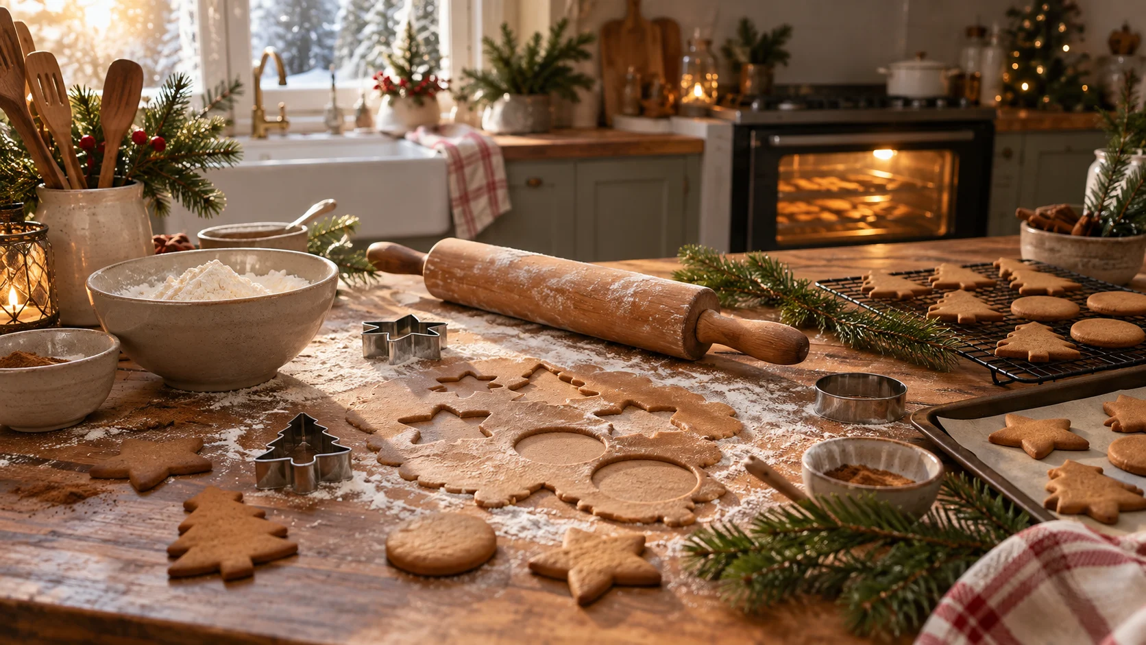 Star and tree gingerbread cookies cool beside baking tools in a festive kitchen.