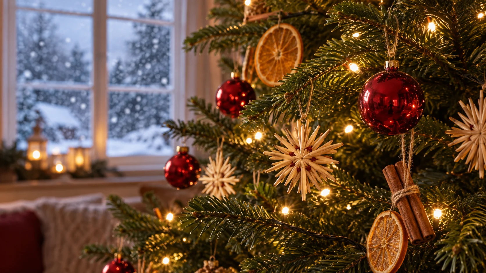 Straw stars, red glass balls, dried oranges, and cinnamon decorate a fir tree.