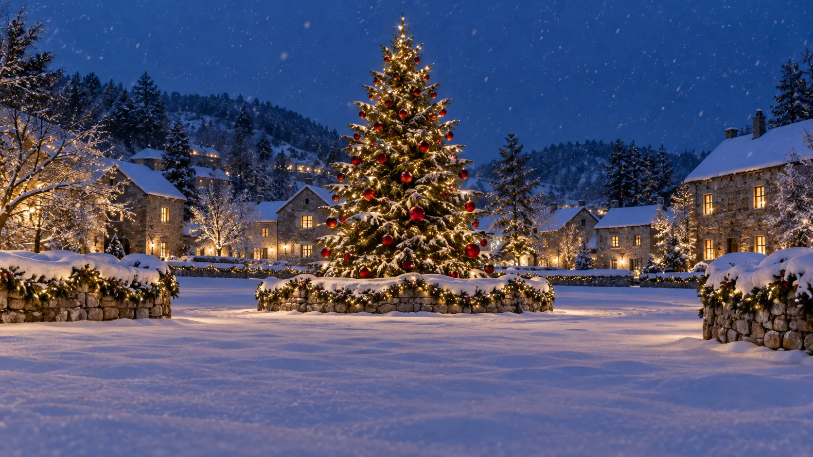A lighted Christmas tree stands in a snowy village square at blue hour.
