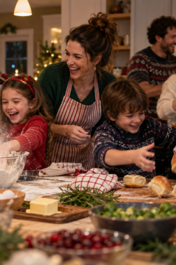 A multigenerational family laughs through a hectic holiday cooking session.