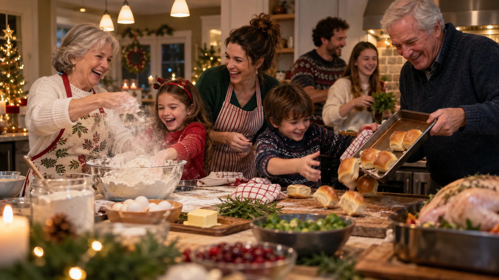 A multigenerational family laughs through a hectic holiday cooking session.