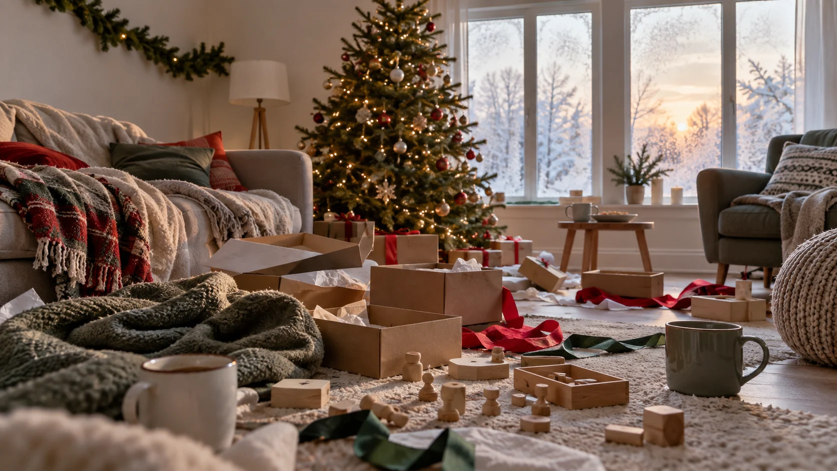 Plain boxes, ribbons, mugs, and blankets remain after a family Christmas gathering.