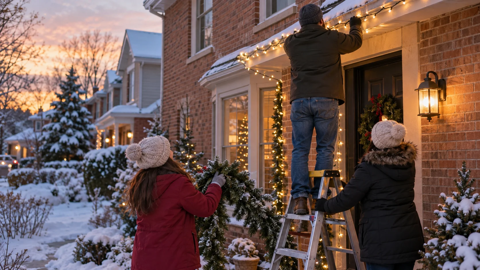 A family decorates a modest brick townhouse with holiday lights and garland.