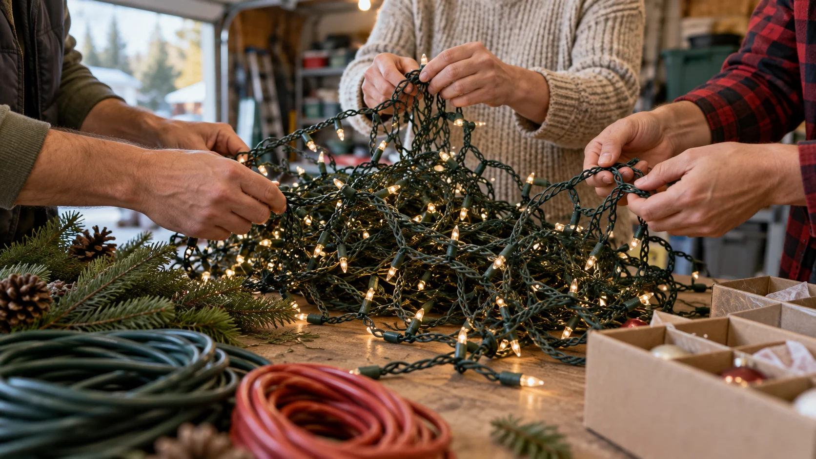 Several hands untangle holiday string lights on a garage workbench.