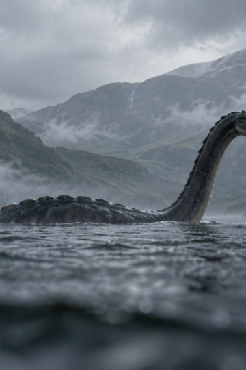 A long-necked unknown creature surfaces in a rainy mountain lake.