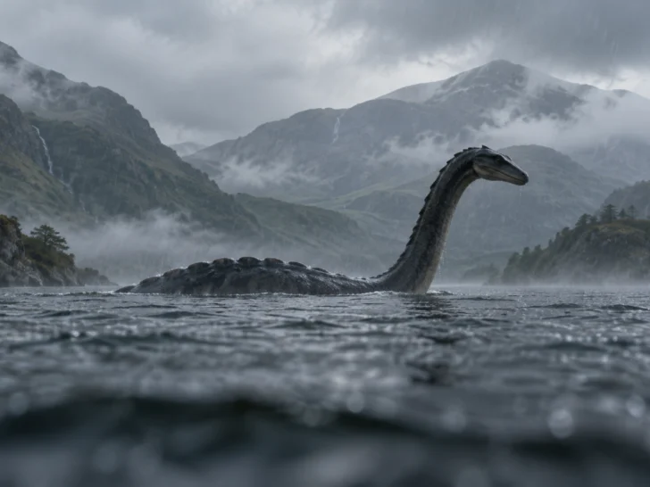 A long-necked unknown creature surfaces in a rainy mountain lake.