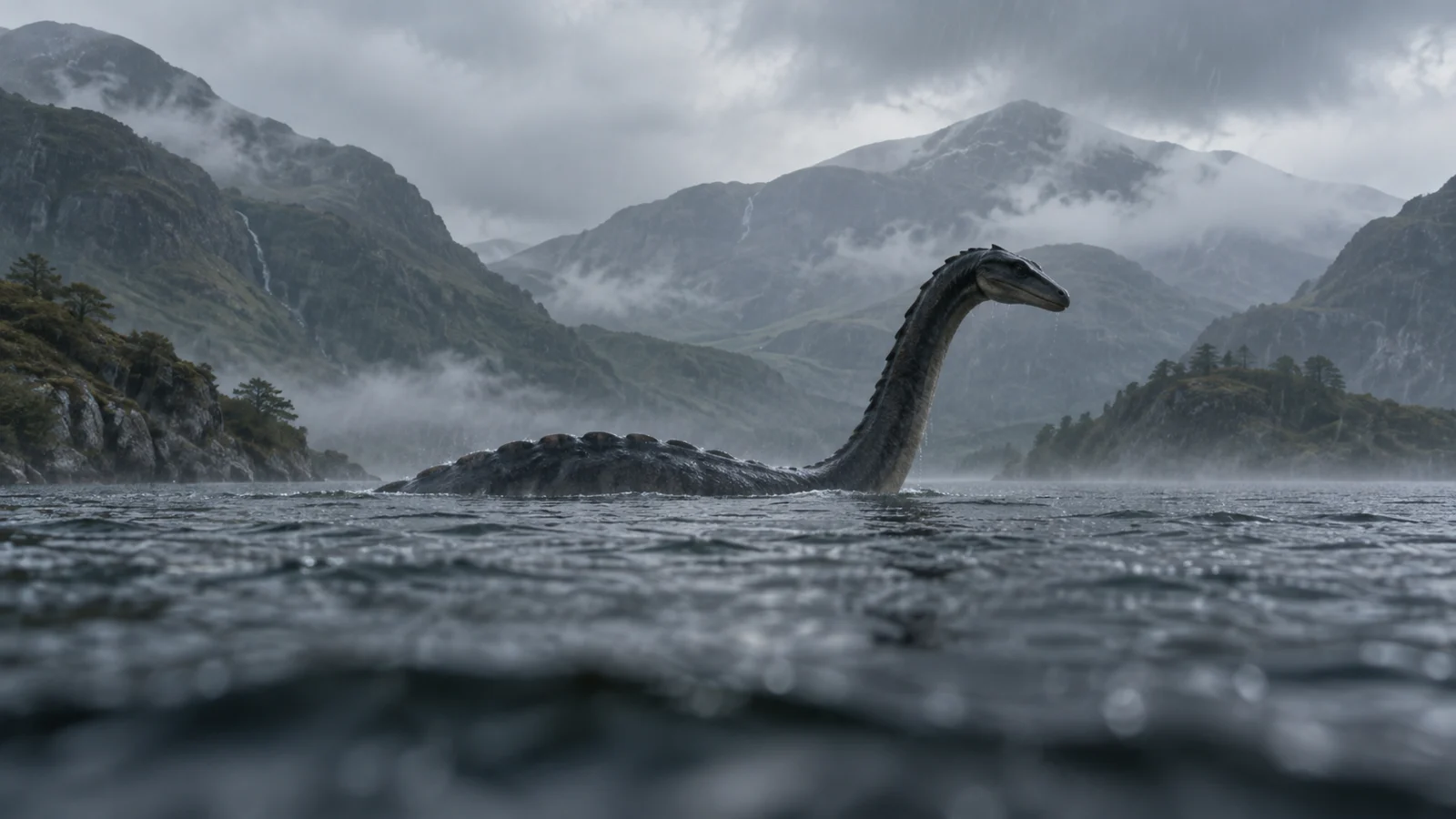A long-necked unknown creature surfaces in a rainy mountain lake.
