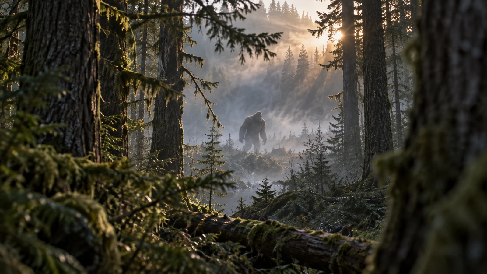 A distant shaggy figure crosses a misty old-growth forest clearing.